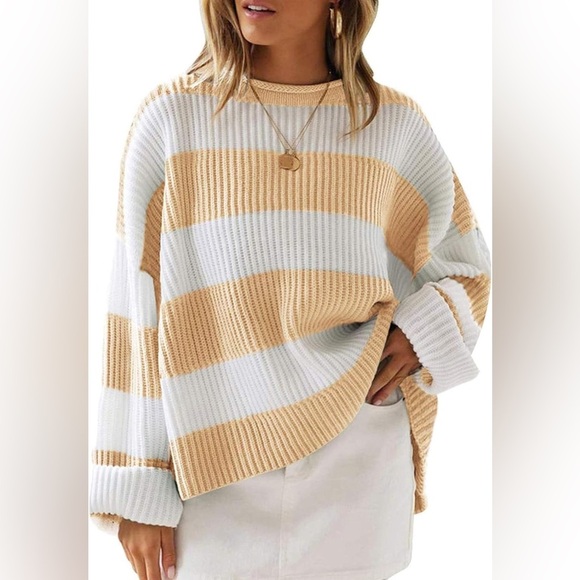 Elegant Tan and White Striped Women's Turtleneck Sweater - Picture 1 of 3